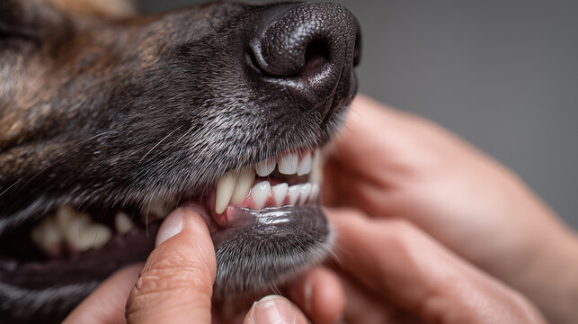 Close-up of a person inspecting a dog's teeth, showing dental care and pet health, emphasizing hygiene, veterinary check, and close human-animal interaction.