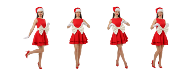 Woman in red dress and Santa hat celebrating, isolated, PNG
