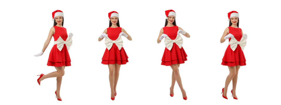 Woman in red dress and Santa hat celebrating, isolated, PNG