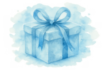 Blue gift box with ribbon bow, watercolor art creating a celebration, birthday, or christmas present design