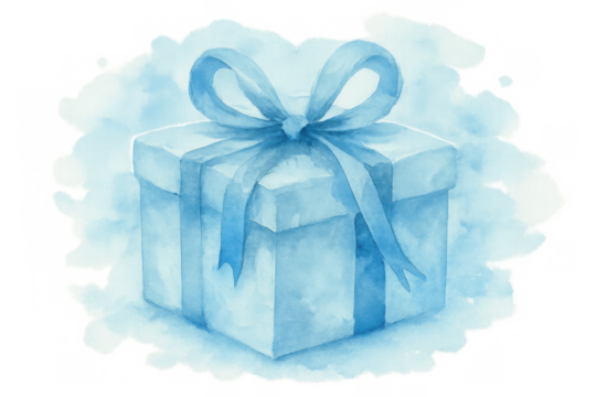 Blue gift box with ribbon bow, watercolor art creating a celebration, birthday, or christmas present design