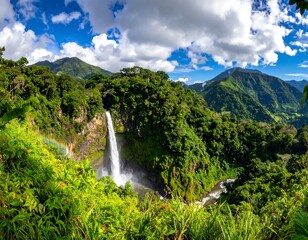 Obraz premium Lush waterfall cascades from a green mountain, a rainbow arches above
