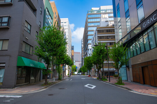 Modern commercial building on Tokyo Metropolitan Road Route 615 at Route 430 near Ginza Six in district of Chuo, Tokyo, Japan. 