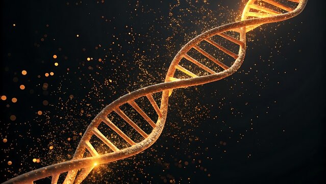 Glowing golden dna helix unraveling against dark background