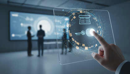 Data foundation quality. ai transformation business empowering secure digital interface gesture and futuristic teamwork modern office environment