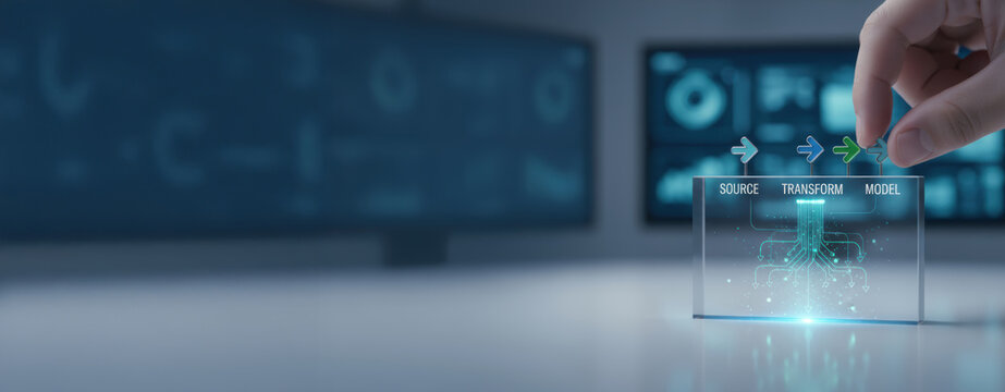 Data foundation quality. ai transformation business driving efficient data pipeline with transparent source transform model glass block