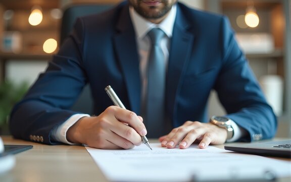 Business man in the office fill out insurance policy. To prevent future incidents. High quality - Powered by Adobe