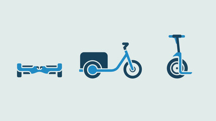 Set of personal transportation icons including a hoverboard cargo bike and electric unicycle flat vector design for apps and infographics isolated on white background