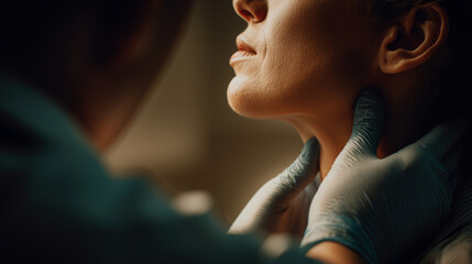 Doctor examining patient’s neck in medical office, professional healthcare checkup, patient care, health consultation, clinical environment, close-up medical examination.