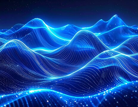 A vibrant, abstract digital artwork depicting glowing blue wavy lines, creating a landscape resembling ocean waves under a starry night sky