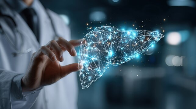 Doctor manipulating glowing digital wireframe human liver for research and modern diagnosis