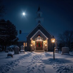 A quaint stone church decorated for Christmas on a snowy winter night under a full moon.