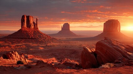 A desert landscape with towering sandstone buttes under a fiery sunset sky