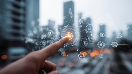 Finger pressing illuminated network hub over blurry smart city skyline data connection.