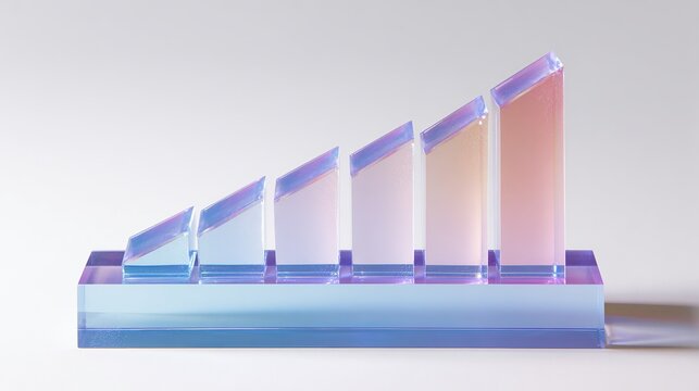 Iridescent acrylic bar chart showing growth statistics and financial progress data