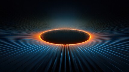 Abstract radial tunnel structure with glowing orange energy ring and blue digital sound rays