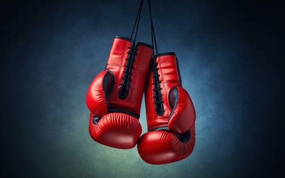 Red boxing gloves hanging boxing sport fight training equipment punch power competition strength - Powered by Adobe