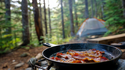 Sizzling bacon cooked over a campfire in the woods, showcasing the joy of outdoor cooking and camping experience.