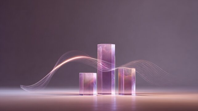 Abstract three dimensional crystal pillars display podiums with glowing wavy line data flow.
