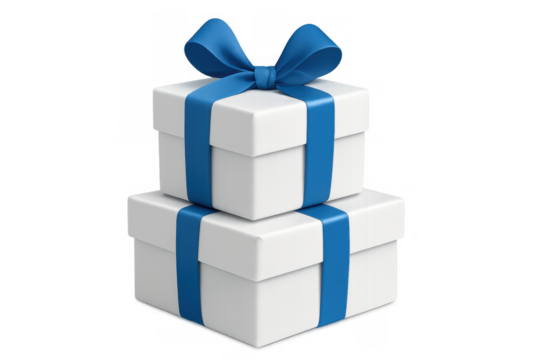Stacked white gift boxes with blue ribbon and bow creating a surprise present for celebration and holiday greetings