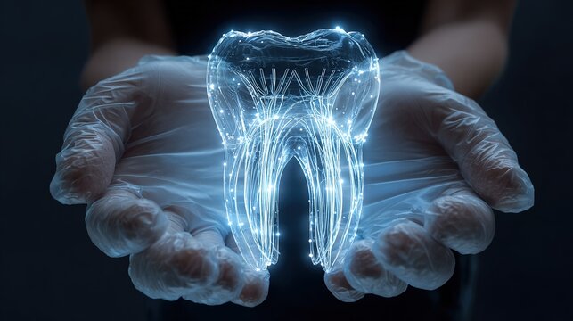 Gloved hands holding glowing digital wireframe human molar tooth structure projection.