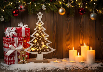 Warm, rustic Christmas scene featuring a glowing wooden tree, lit candles, and gift boxes on a snowy surface