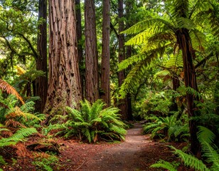 Lush forest path winds through tall trees and vibrant ferns
