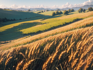 Close-up of Golden Wheat Field on Rolling Hills at Sunset