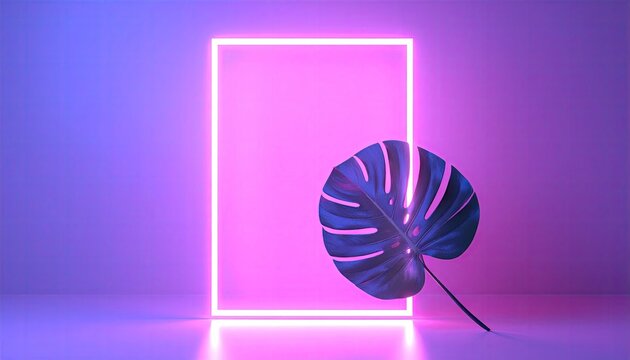 Neon rectangle glows behind blue leaf - Powered by Adobe