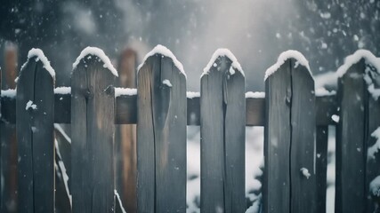 A cinematic shot of soft snowfall gently covering an old wooden fence - Powered by Adobe
