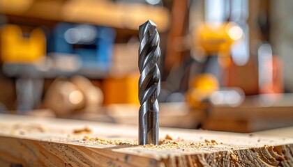 Closeup of a drill bit piercing wood with workshop background, and woodworking concept.