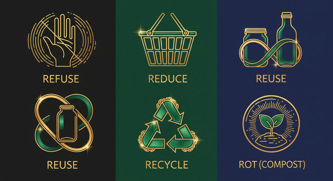 Luxury Vector Zero Waste Icons &ndash; Elegant Gold 5R Eco Lifestyle Set