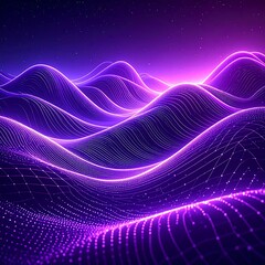 A vibrant, neon landscape comprised of undulating lines and points. Glowing purple light emanates from an unseen source on the horizon