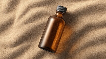 Amber bottle on sand background spa wellness aromatherapy