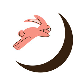 Coral Pink Rabbit Leaping Across a Crescent Moon Against a White Background Minimalist Illustration