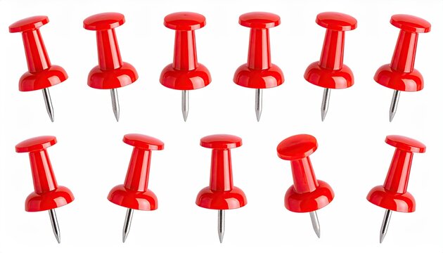 Ten red push pins with silver points against white backdrop