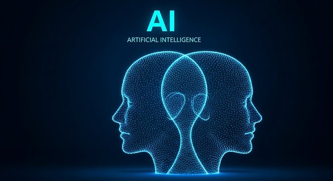 Artificial Intelligence Concept with Interconnected Human Head Profiles on Dark Blue Background
