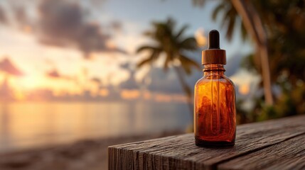 Aromatherapy essential oil bottle with sunset background