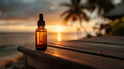 Aromatherapy essential oil bottle with sunset background