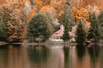 utumn lake reflection of forest in Maramures mountains, Romania. Rural magical landscape...