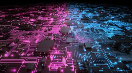 A detailed, colorful digital depiction of a microchip with intricate circuitry, lit with pink and blue hues