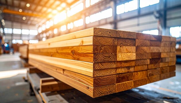 Closeup stack of freshly cut timber boards in a bright industrial warehouse.