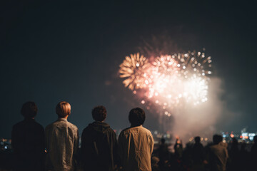 group of happy friends is celebrating on rooftop launching ultrabright fireworks under evening sky