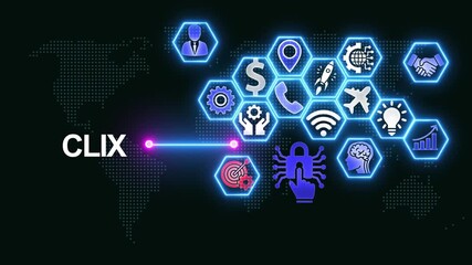 CLIX text on a digital world map with glowing blue hexagons illustrating global network connections and data flow - Powered by Adobe