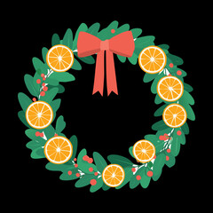 Vibrant Green Plants Wreath with Orange Slices Red Ribbon and Pine Needles Traditional Christmas Holiday Decoration