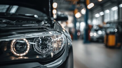 A detailed shot of car's front with lights on in a busy, blurred auto repair shop