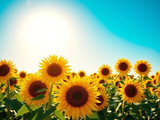 Obraz premium A field of sunflowers under a clear blue sky, showcasing the vastness of nature and the power of the sun, beauty, sun