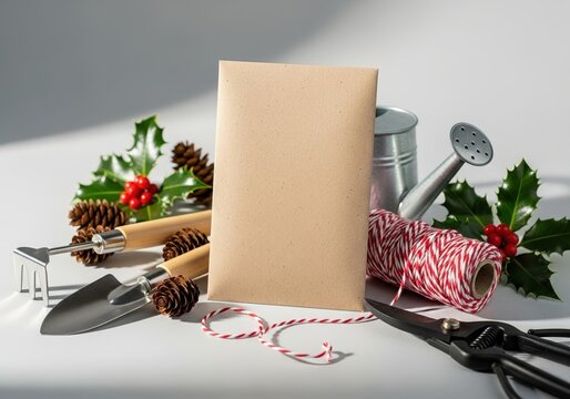 A festive arrangement of gardening tools, Christmas decorations, and a blank seed packet for a holiday gift.