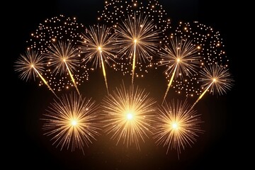 Fototapeta premium Golden fireworks burst in synchronized display against dark night sky, creating radiant, elegant patterns of light and celebration.