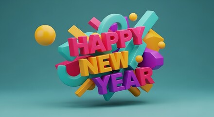 Vibrant 3d happy new year text explosion with abstract colorful shapes and spheres on a teal background